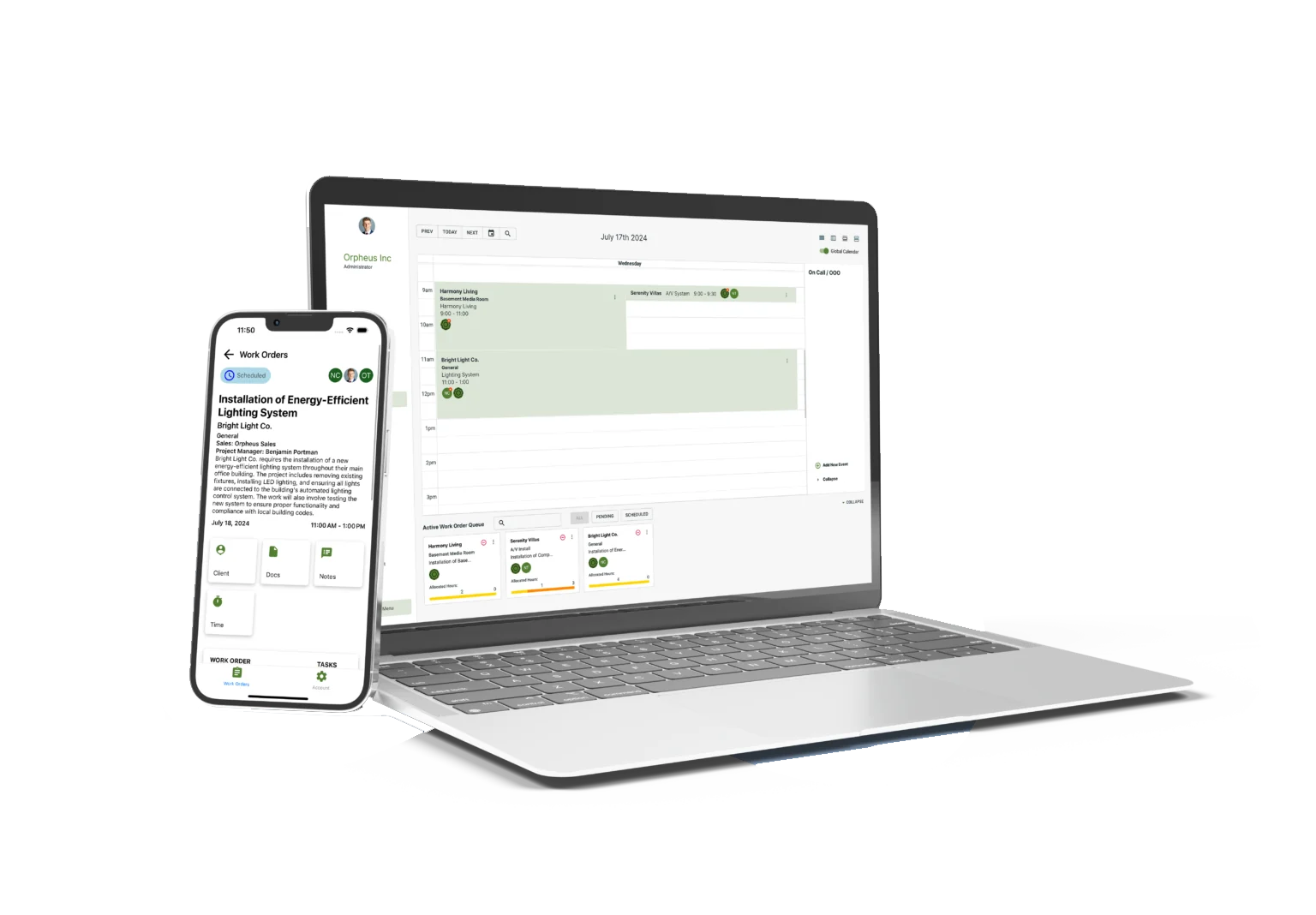 ABE Networks platform on laptop and phone showing a work order and schedule