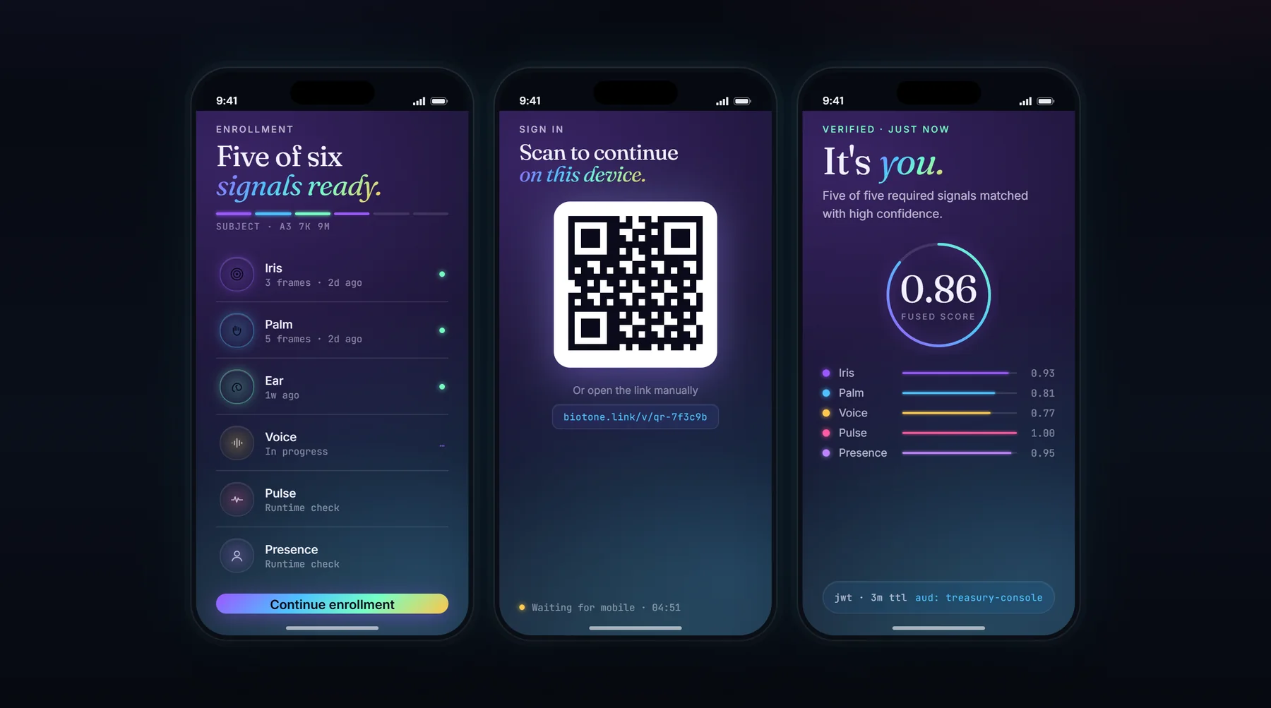BioTone design mockups of three phone screens: multi-signal enrollment progress, a QR code to continue sign-in on the phone, and a verified result showing per-signal scores (illustrative data)