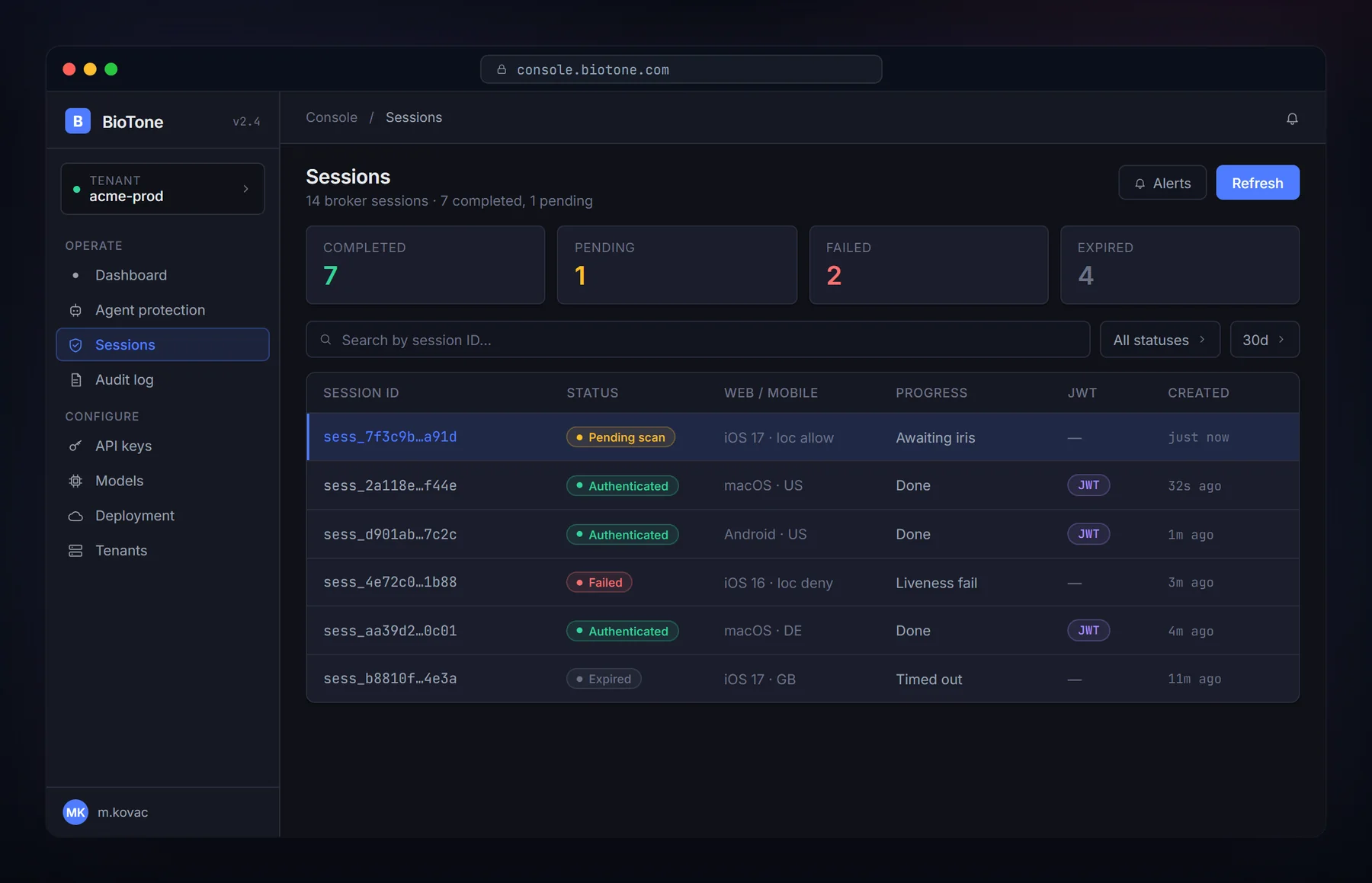 BioTone design mockup of the enterprise console’s sessions screen, listing sign-in sessions with their status, device, and progress (illustrative data)