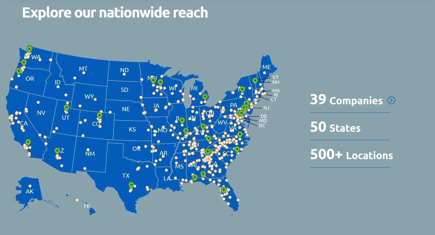 Dycom subsidiary map: a blue map of the United States with green pins for primary company locations and orange markers for other locations, beside company, state, and location totals